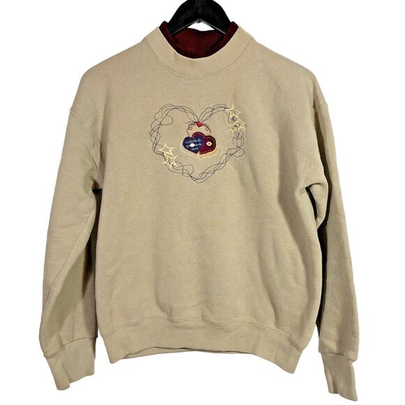 Retro Embroidered Sweatshirt Tan Patriotic Hearts Fruit of the Loom Medium Y2K - Picture 1 of 8